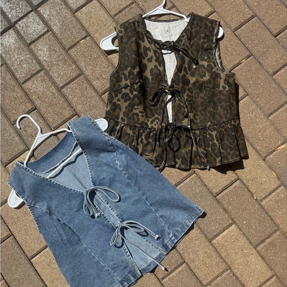 SHEIN Leopard and Denim Tie-Front Blouses
